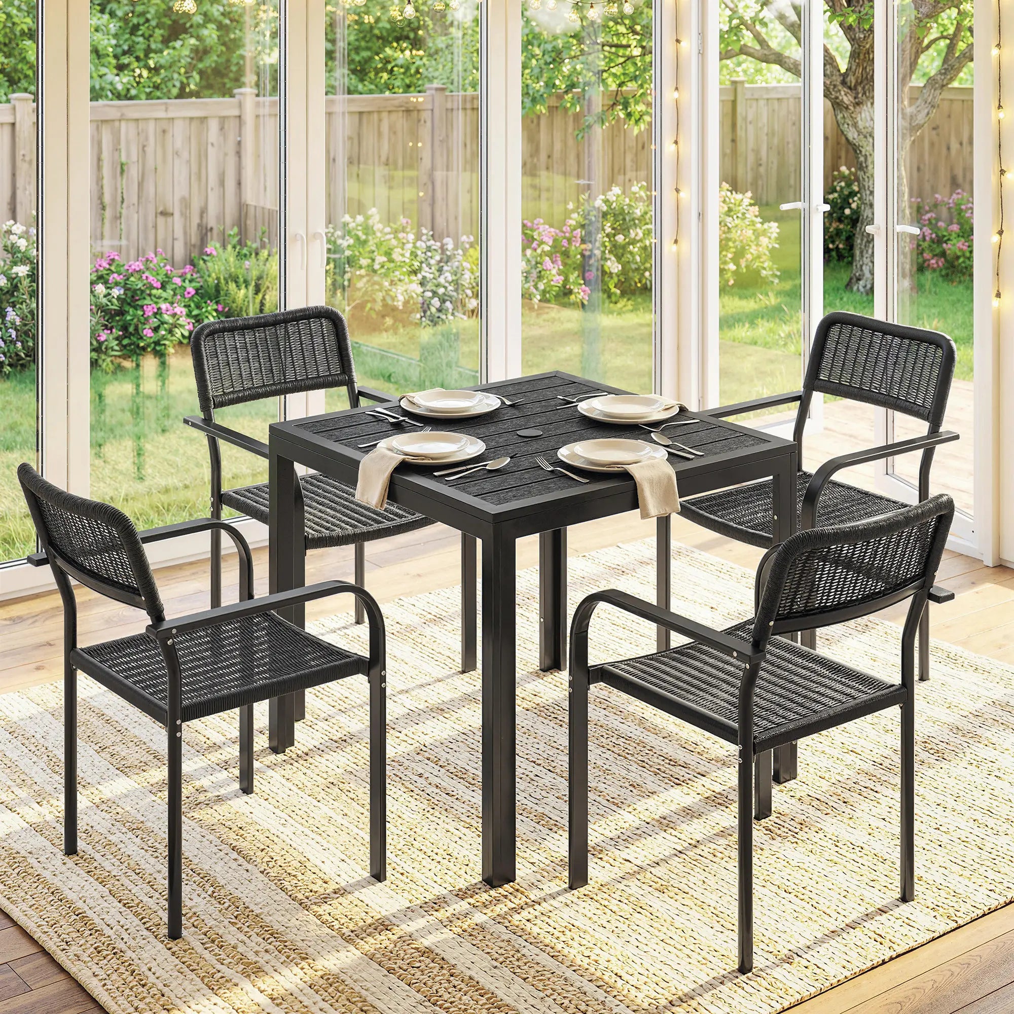 Outdoor Dining Set For 4, Faux Wood Metal Patio Table, Stackable Chairs, Black Outdoor Dining Sets at Gallery Canada