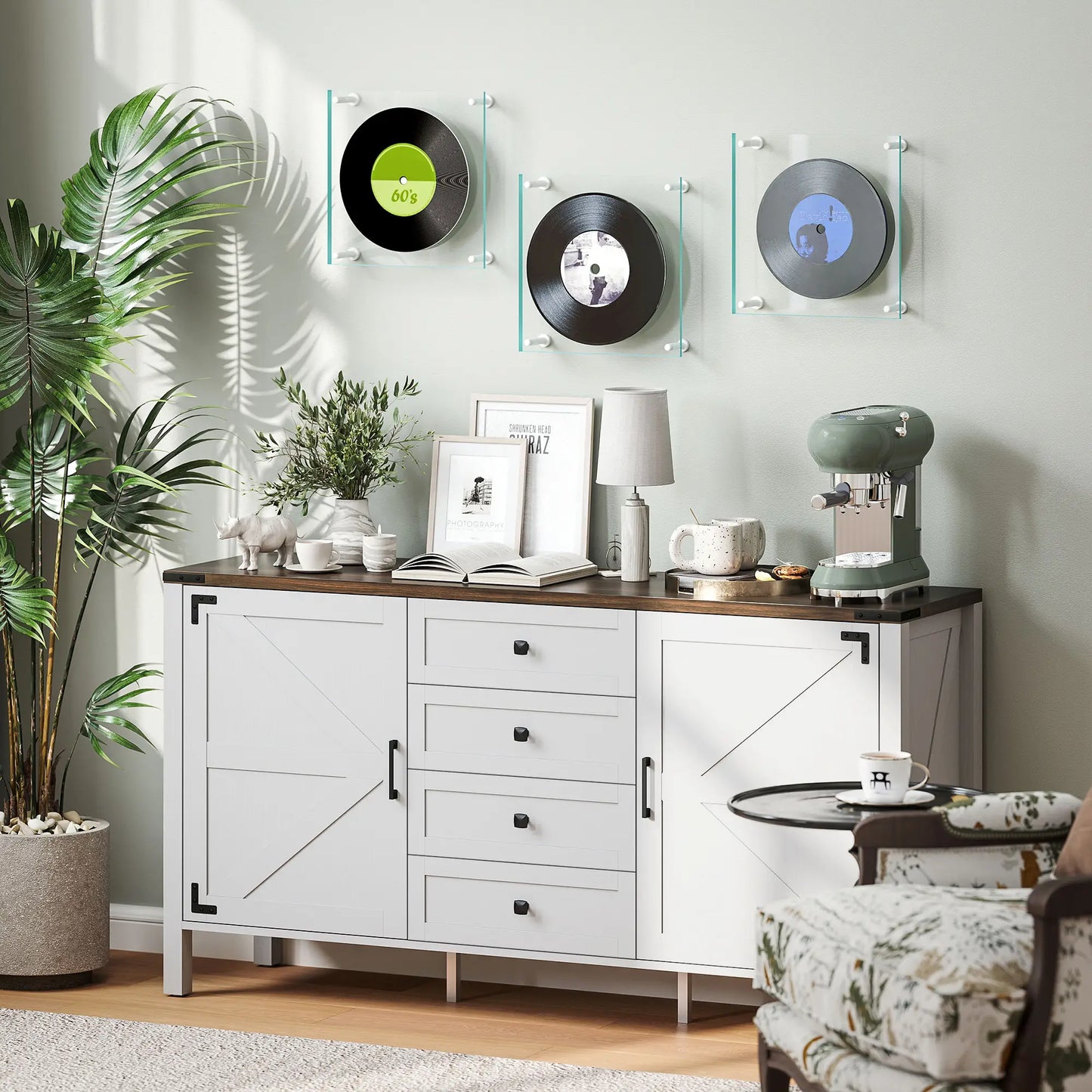 59" Buffet Cabinet, Farmhouse Sideboard, 2 Barn Doors, 4 Drawers, White Storage Cabinets at Gallery Canada