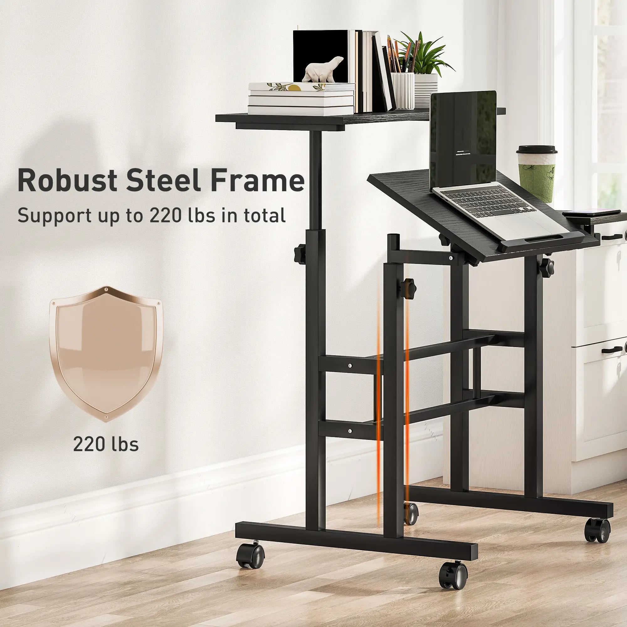 Mobile Stand Up Desk, Height and Angle Adjustable with Wheels, Black Computer Desks at Gallery Canada