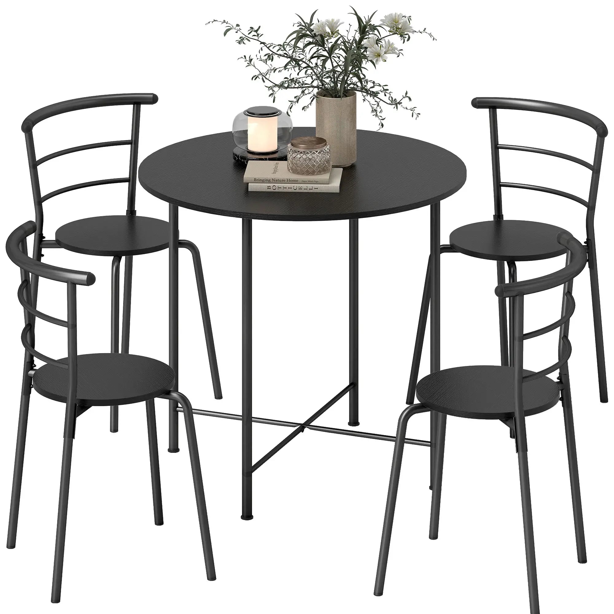 5 Piece Dining Table Set, Round for 4, Metal Frame, Black Wood Grain, Black Dining Table Sets at Gallery Canada