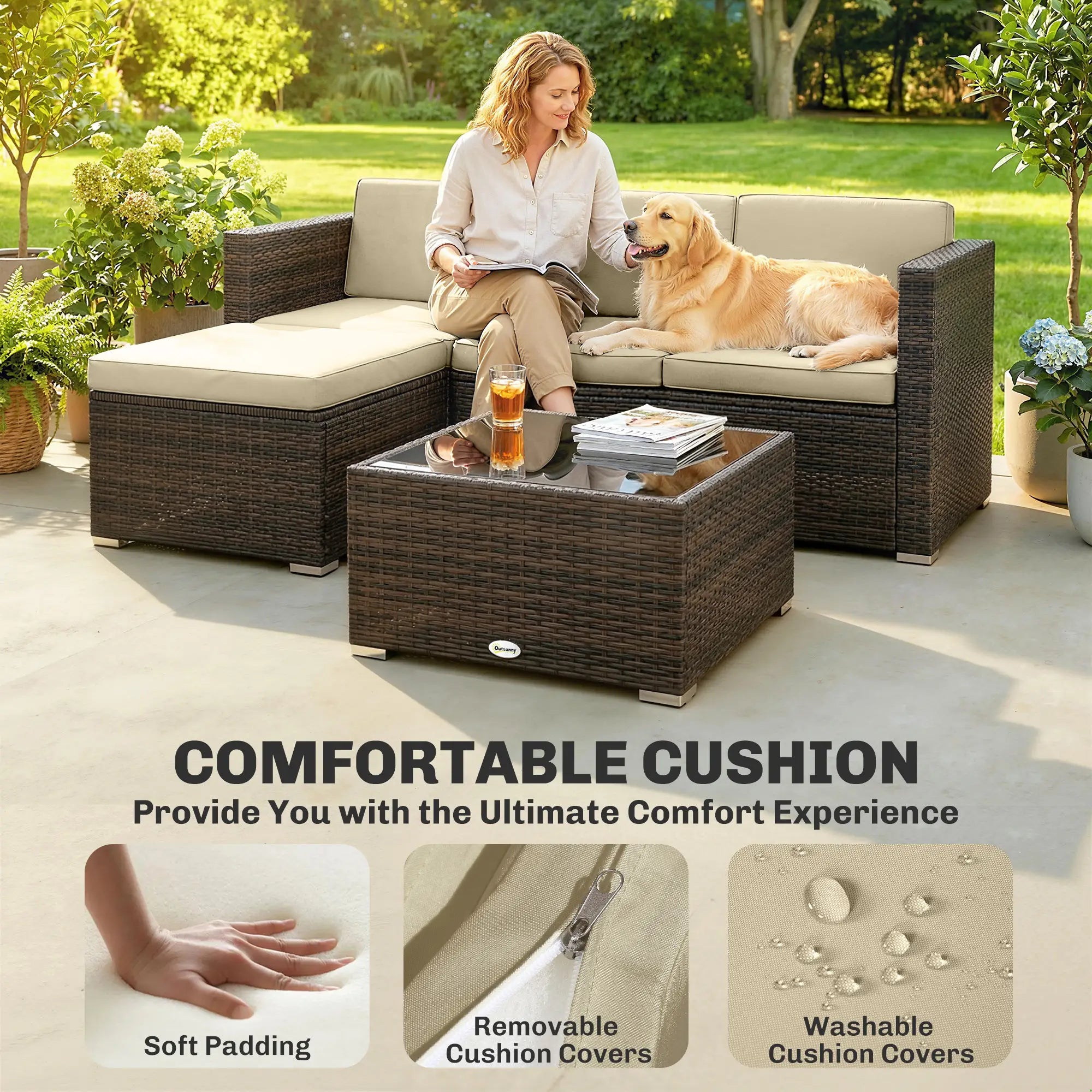 3-Piece Patio Furniture Set, Outdoor PE Rattan Sofa, Khaki Patio Furniture Sets at Gallery Canada