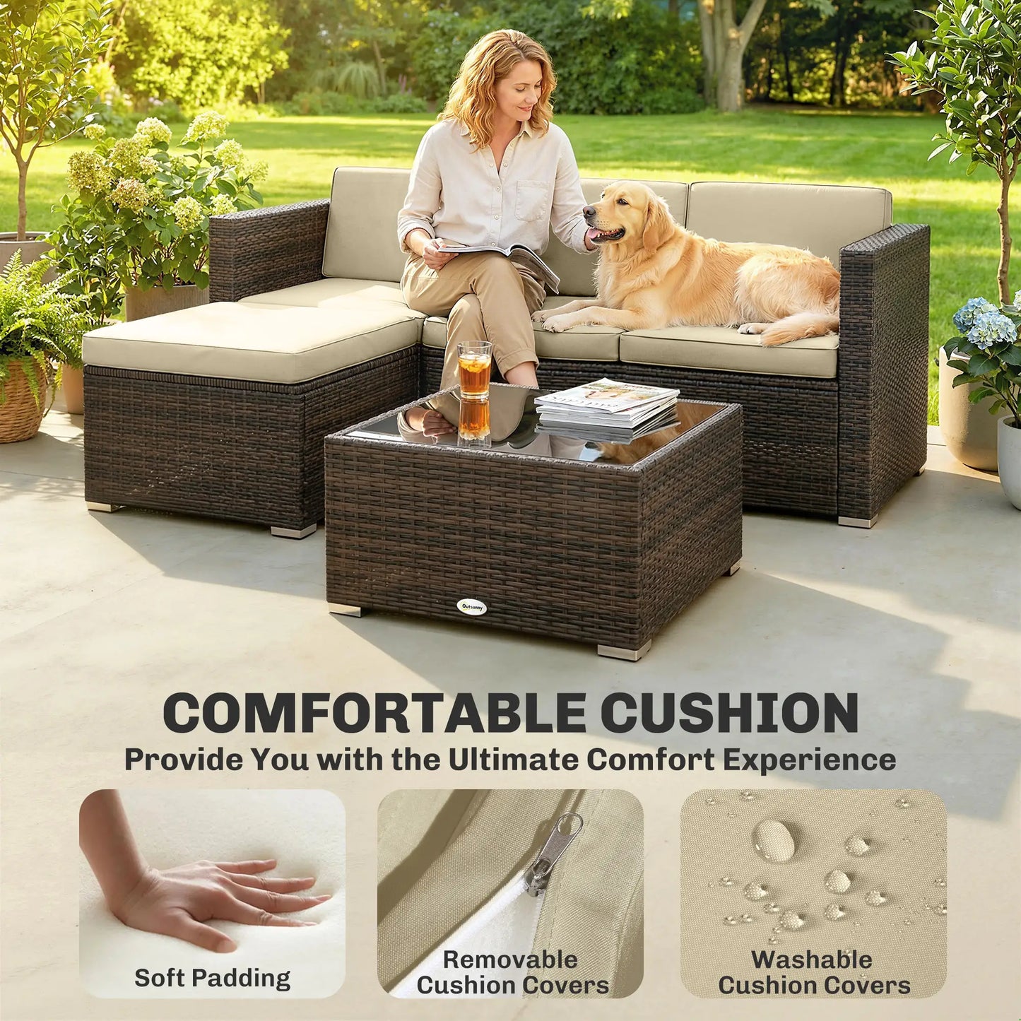 3-Piece Patio Furniture Set, Outdoor PE Rattan Sofa, Khaki Patio Furniture Sets at Gallery Canada