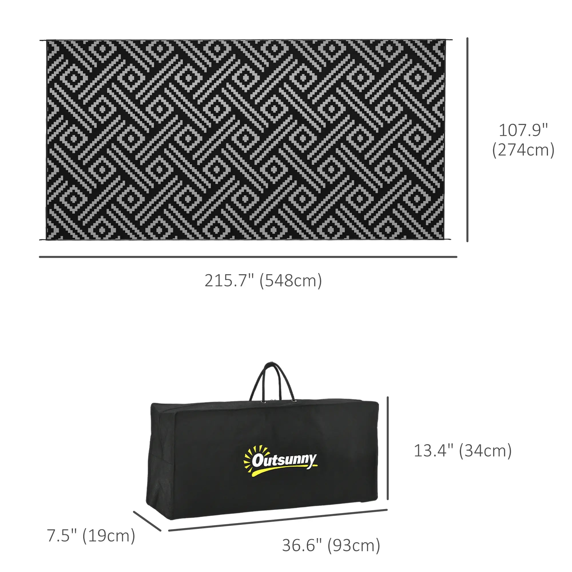 Reversible Outdoor Rug, Waterproof, 9' x 18', Geometric, Black Grey Outdoor Reversible Rugs at Gallery Canada