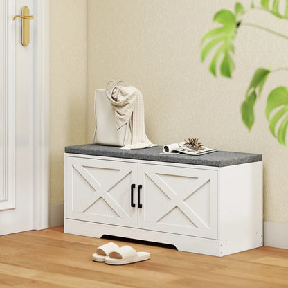 Shoe Bench With Cushion, Adjustable Shelves, Doors, White