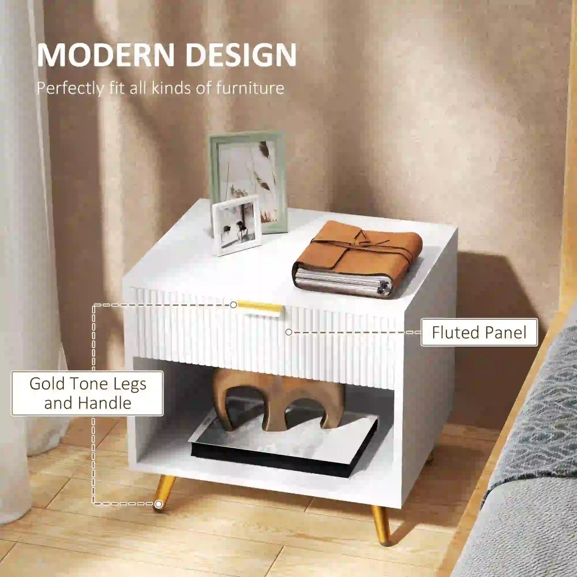 Modern Nightstand with Drawer, Open Compartment, White Bedside Tables at Gallery Canada