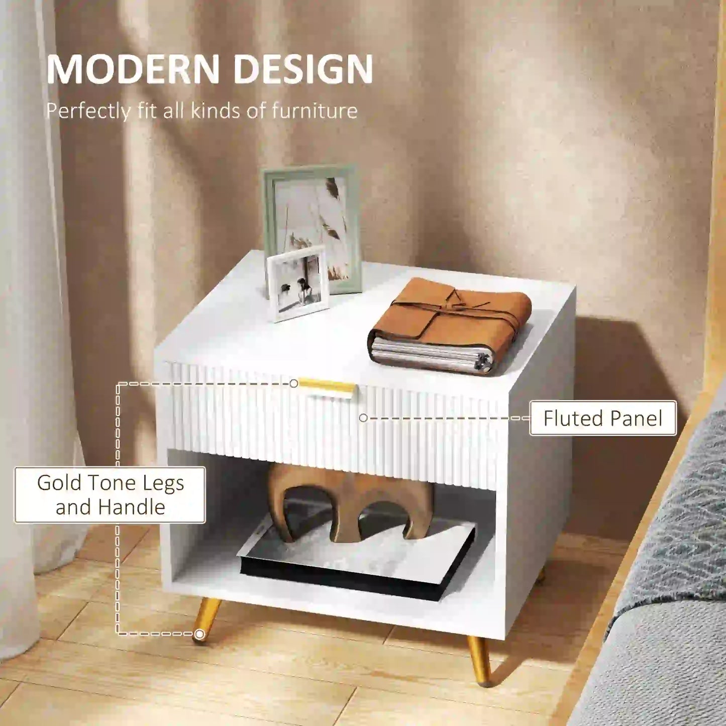 Modern Nightstand with Drawer, Open Compartment, White Bedside Tables at Gallery Canada