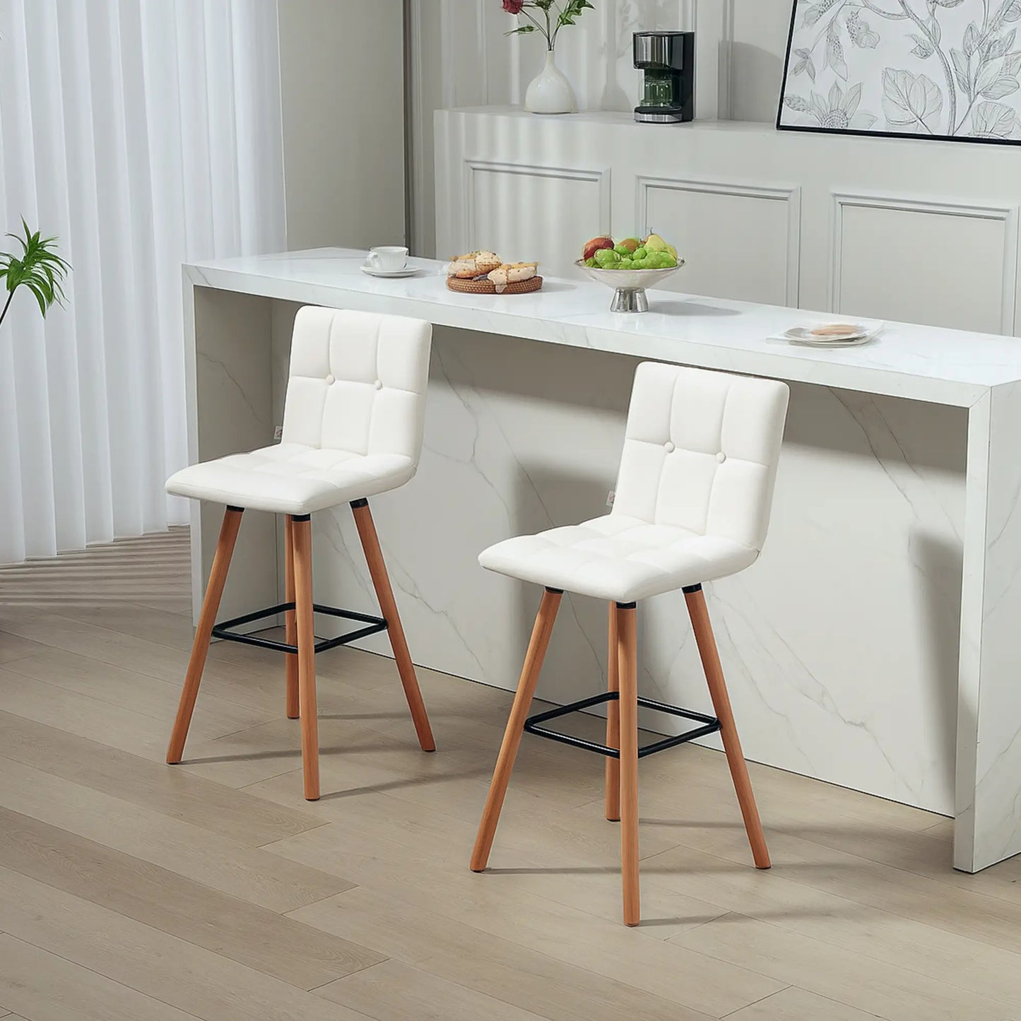 Modern Bar Stools Set of 2, 38" Upholstered, Solid Wood Legs, White Bar Stools at Gallery Canada