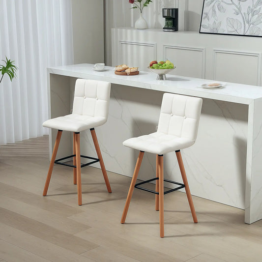 Modern Bar Stools Set of 2, 38" Upholstered, Solid Wood Legs, White Bar Stools White at Gallery Canada