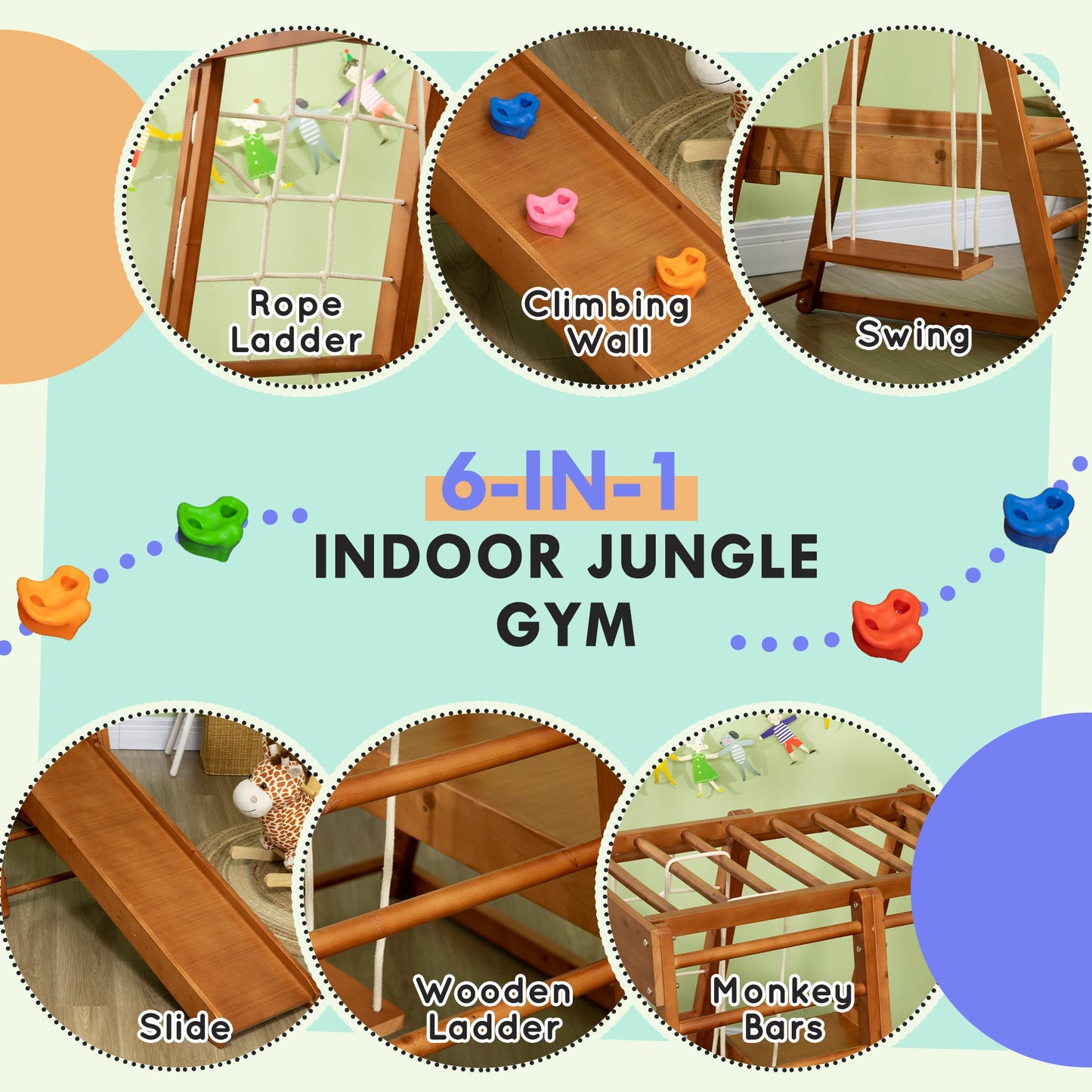 6-in-1 Kids Indoor Playground Jungle Gym with Slide, Climbing Wall, Rope Climber, Monkey Bars, Swing, Ladder, Toddler Climbing Toys for 3-10 Years Old at Gallery Canada