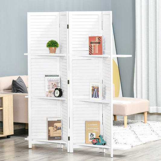 5.6ft 4-Panel Wood Room Divider, Folding Privacy Screen Indoor Panels with 3 Shelves for Bedroom Office, Blinds Style, White - Gallery Canada