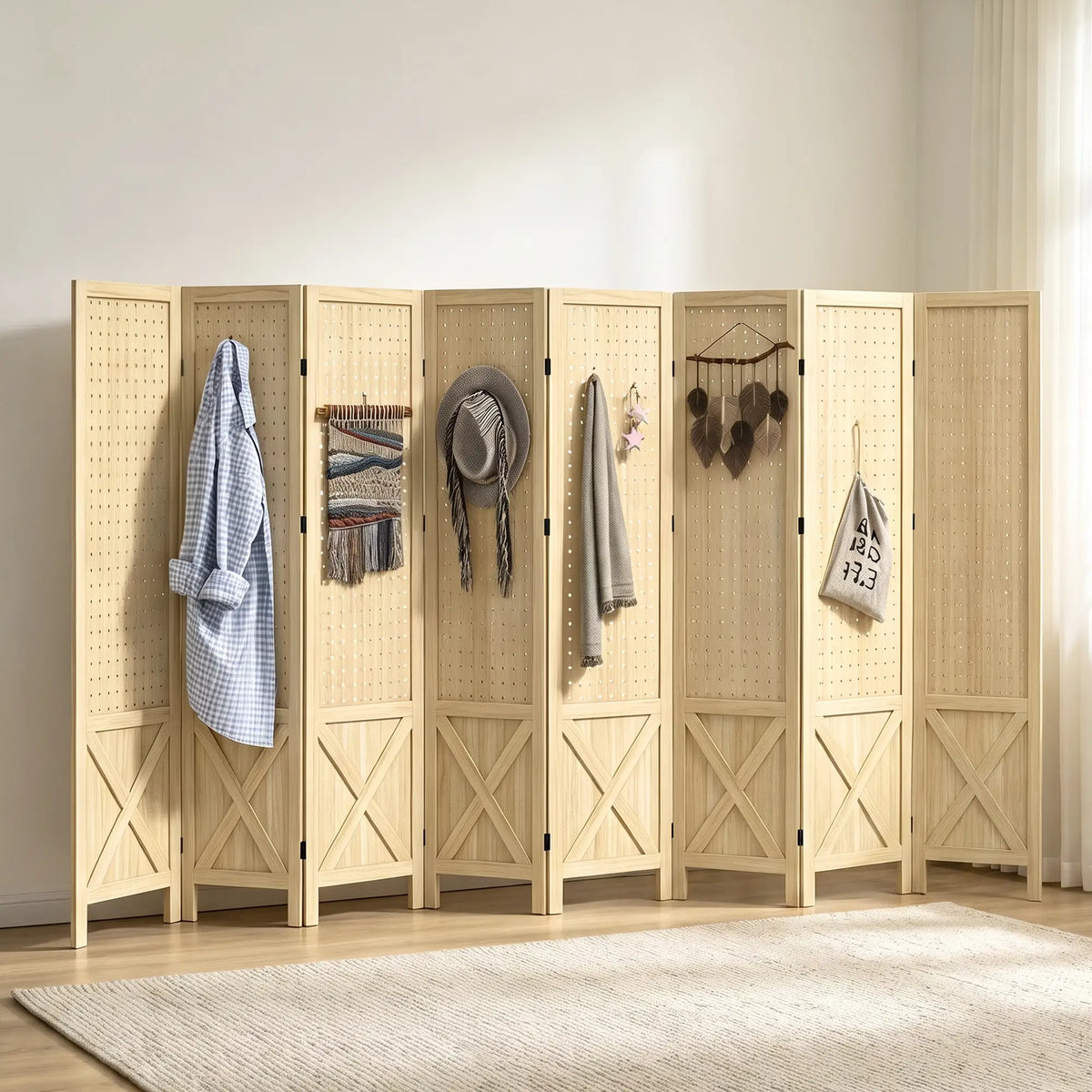 Wooden Room Divider With Pegboard Display, 8 Panel Folding Privacy Screen, Natural Wood Room Dividers at Gallery Canada