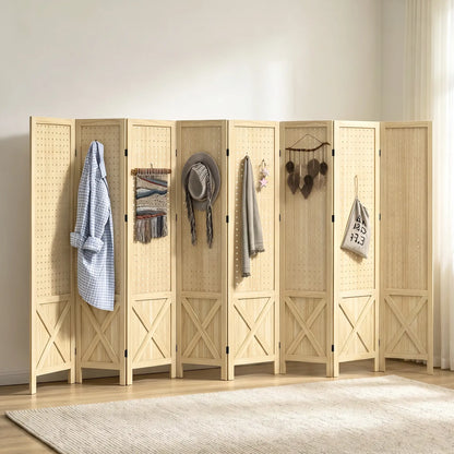 Wooden Room Divider With Pegboard Display, 8 Panel Folding Privacy Screen, Natural Wood Room Dividers at Gallery Canada