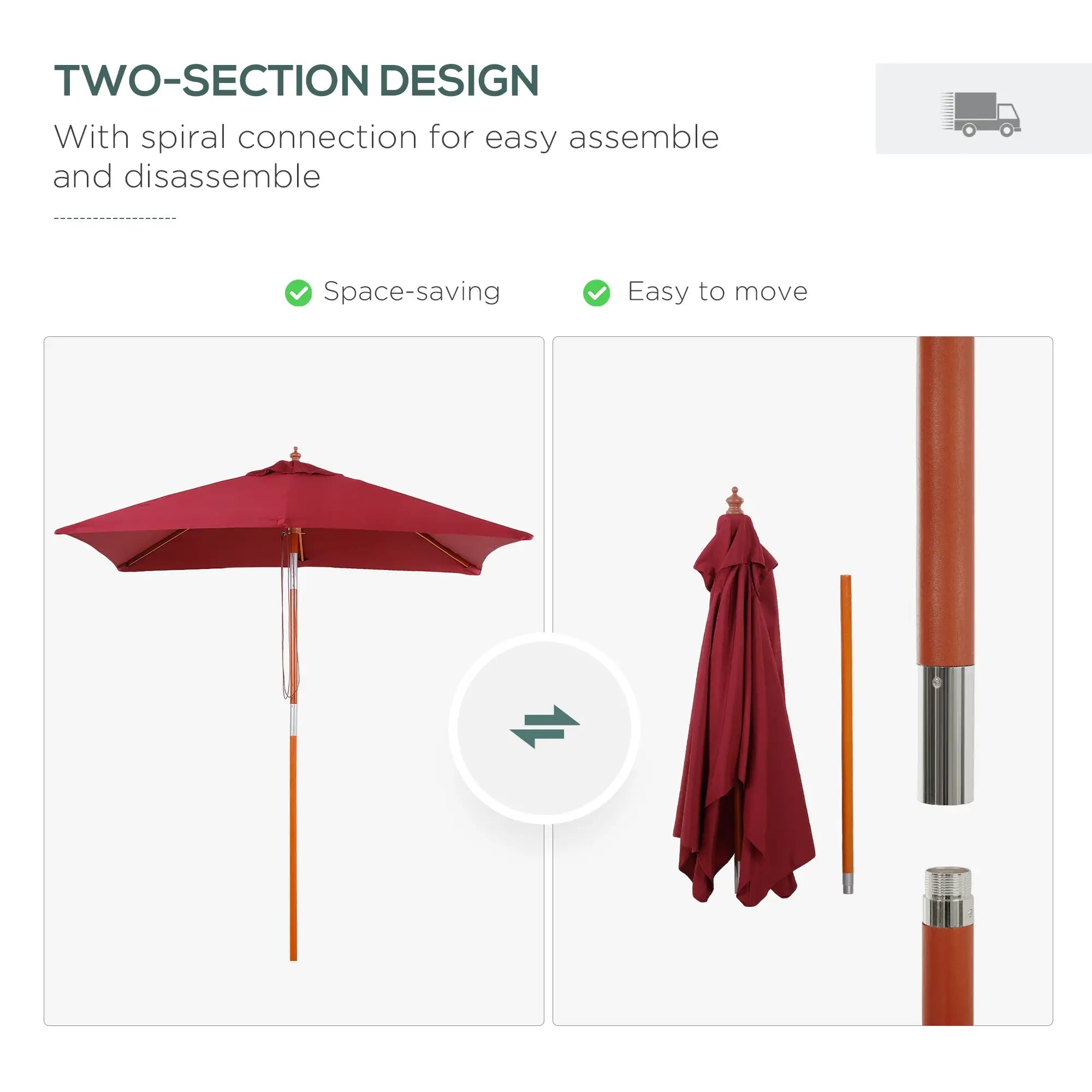 6.6x5ft Square Wooden Patio Umbrella, Tilt Mechanism, 6 Bamboo Ribs, Wine Red Sun Umbrellas at Gallery Canada