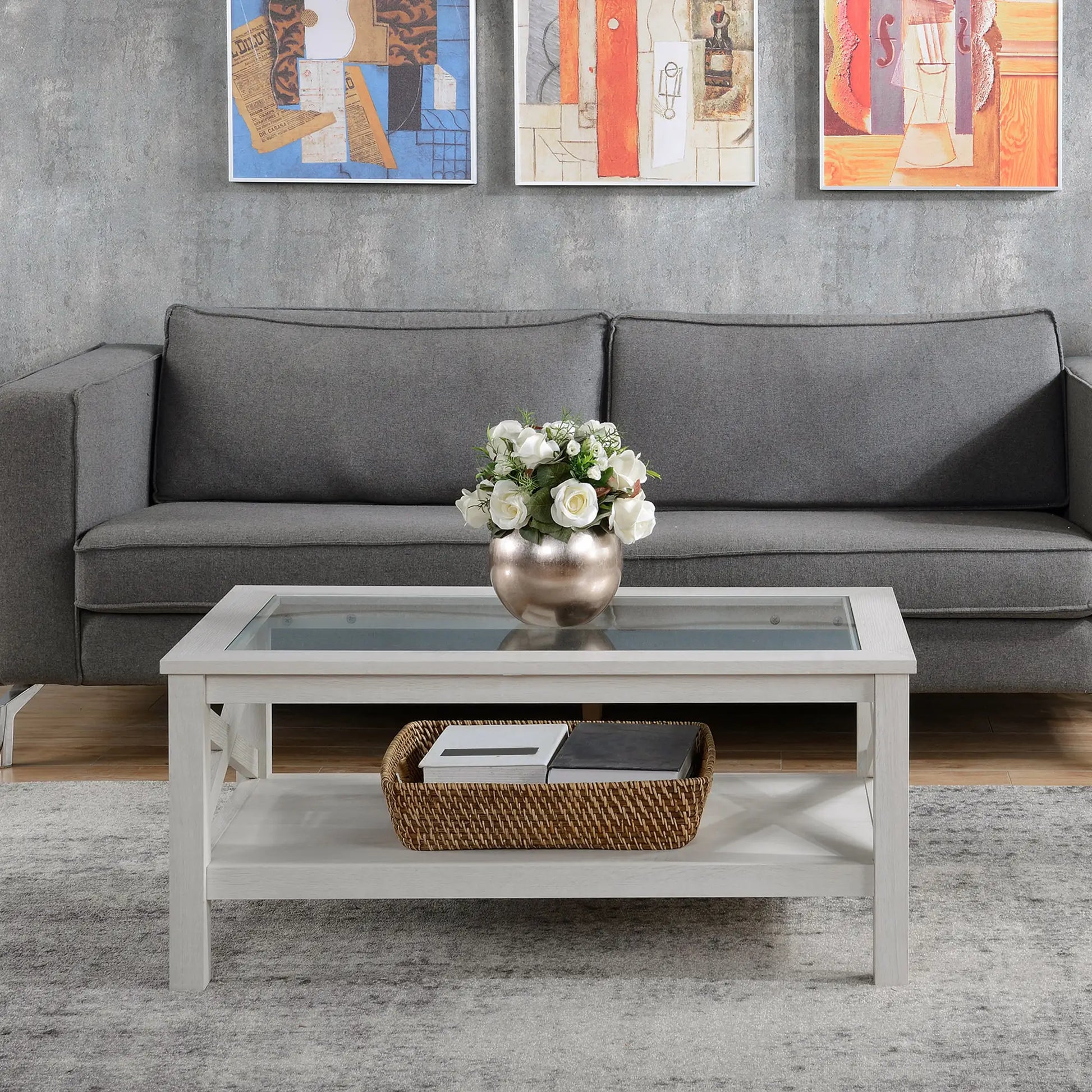 Farmhouse Coffee Table, Tempered Glass Top, 2-Tier with Storage Shelf Coffee Tables at Gallery Canada