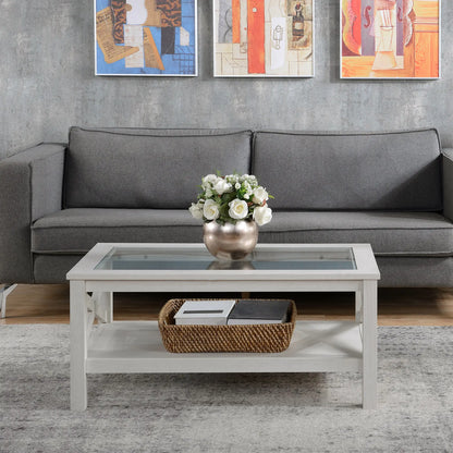 Farmhouse Coffee Table, Tempered Glass Top, 2-Tier with Storage Shelf Coffee Tables at Gallery Canada