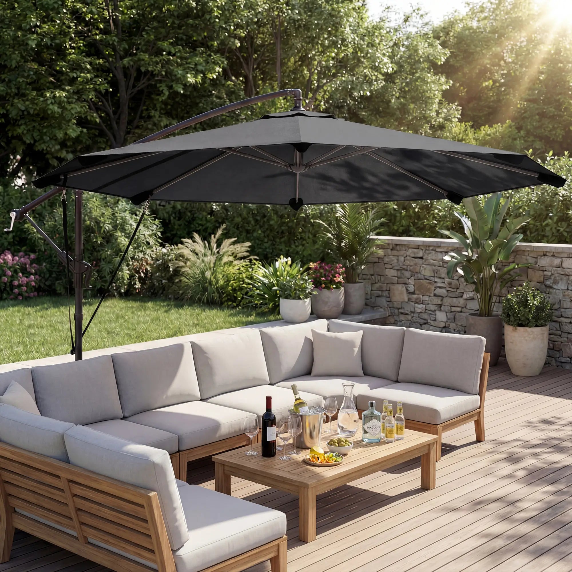 10FT Cantilever Patio Umbrella, 8 Ribs, Cover, Wind Ropes, Dark Grey Offset Cantilever Umbrellas at Gallery Canada