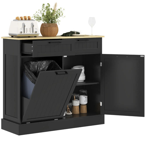 Hidden Garbage Bin Cabinet, Tilt Out Trash, 2 Drawers, Freestanding, Black