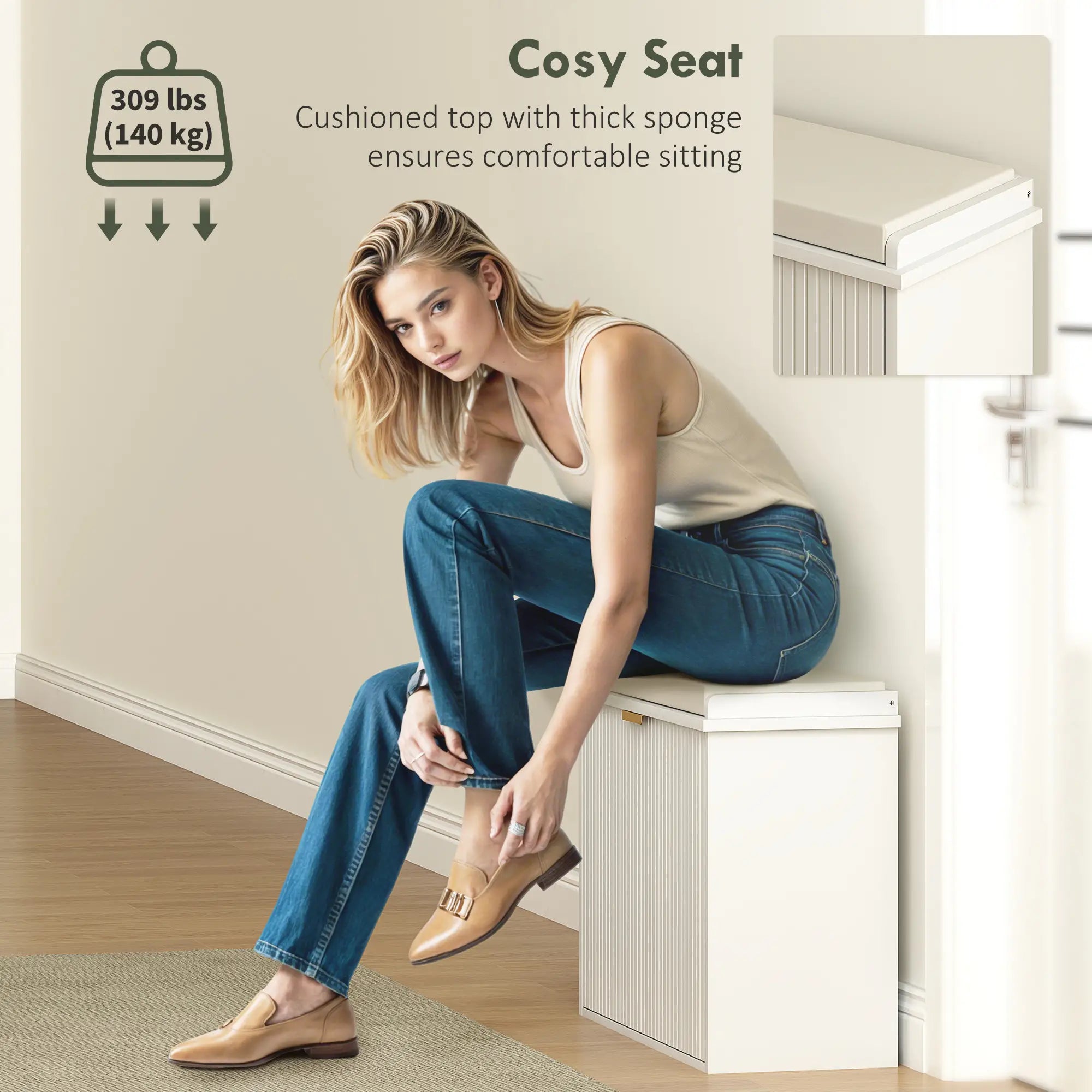 Entryway Bench with Padded Seat, Flip-Drawers, Holds 265lbs, Shoe Storage for 6 Pairs, White Shoe Storage Cabinets & Racks at Gallery Canada