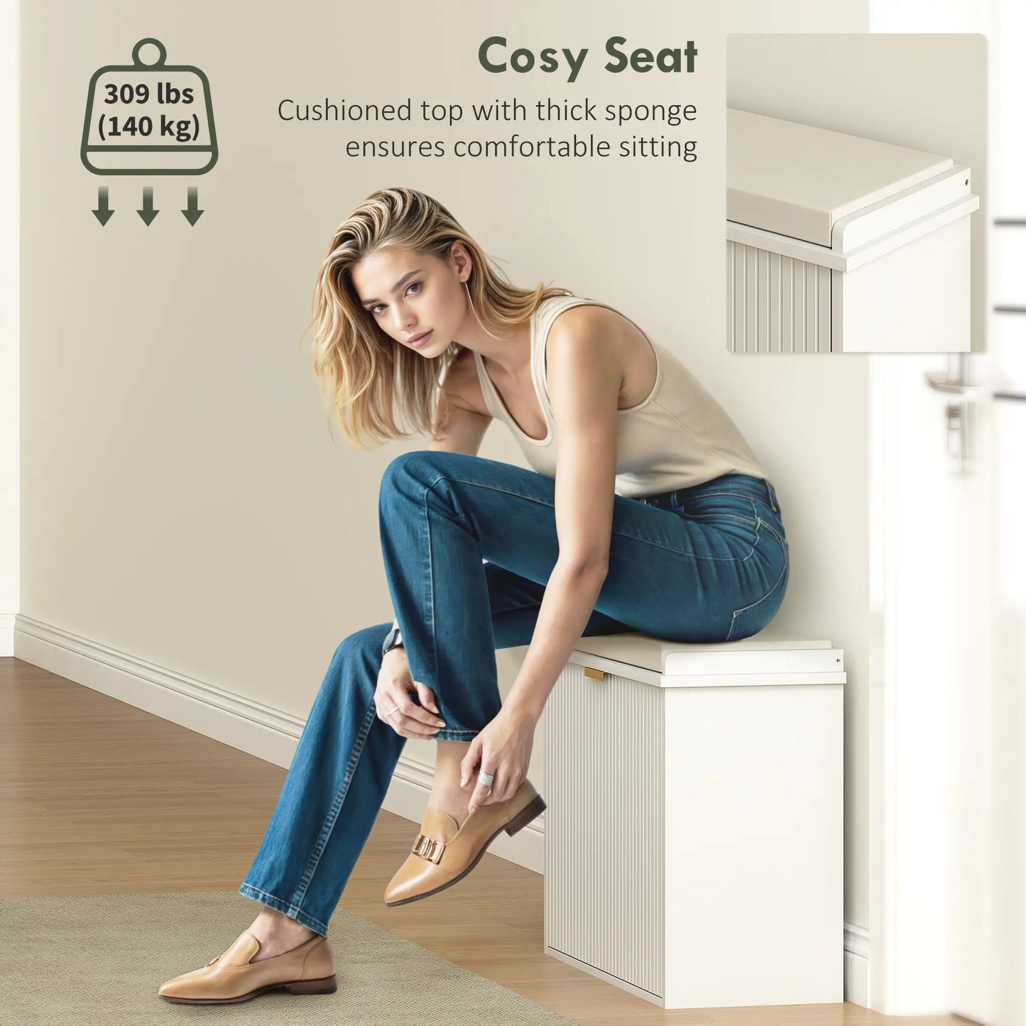 Entryway Bench with Padded Seat, Flip-Drawers, Holds 265lbs, Shoe Storage for 6 Pairs, White Shoe Storage Cabinets & Racks at Gallery Canada