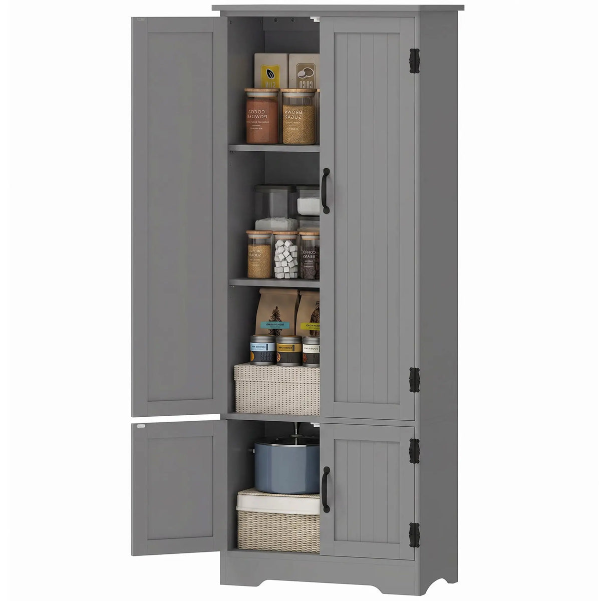 60" 4-Door Storage Cabinet, Multi-Storey Pantry, Adjustable Shelves, Grey, Grey