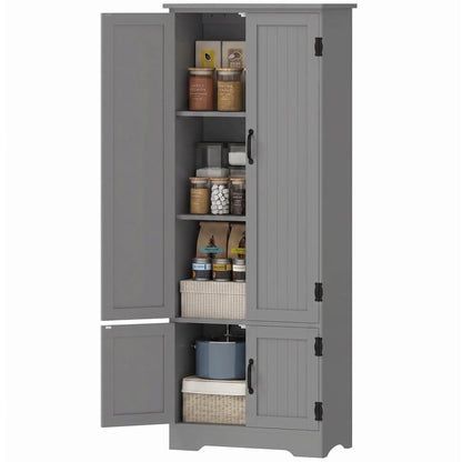 60" 4-Door Storage Cabinet, Multi-Storey Pantry, Adjustable Shelves, Grey, Grey