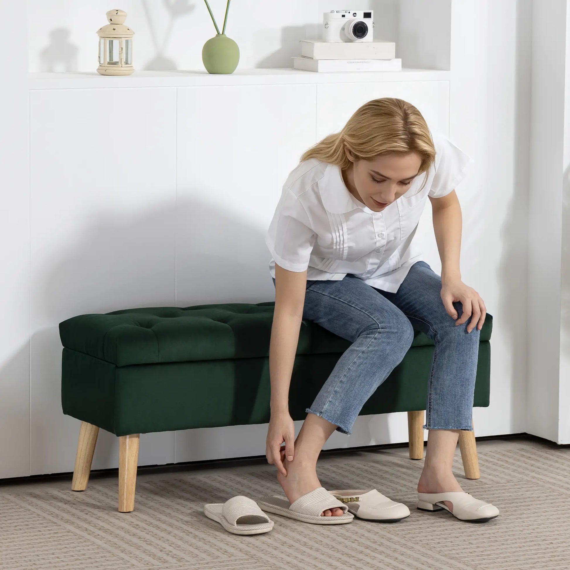 Velvet Storage Ottoman with Lid, Wood Legs, Dark Green Storage Ottomans & Benches at Gallery Canada