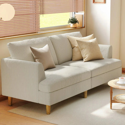 3 Seater Sofa, 74" Corduroy Couch, Solid Wood Legs, Beige 3-Seater Sofas at Gallery Canada
