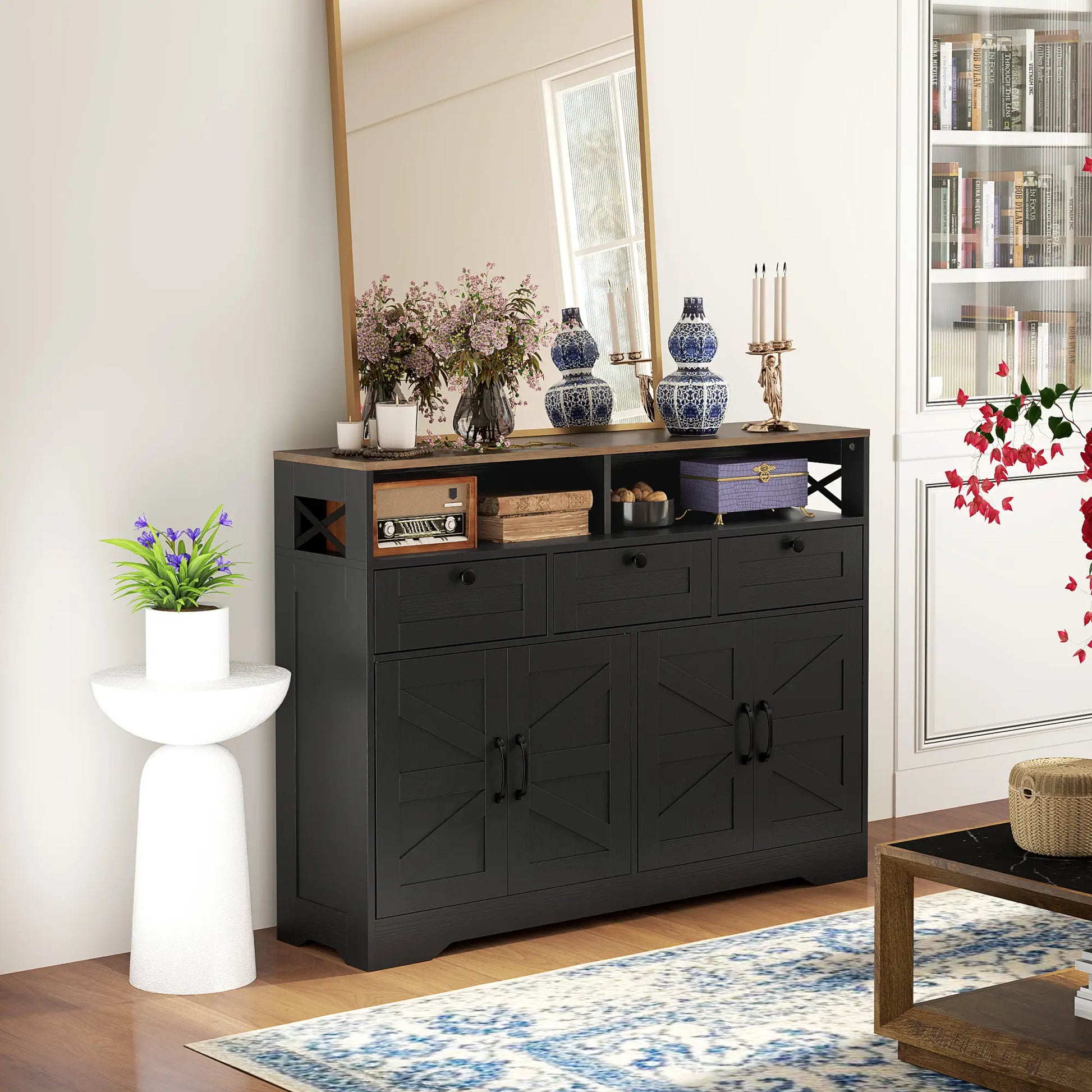 Sideboard, Buffet Cabinet with 4 Barn Doors, 3 Drawers, Black Storage Cabinets at Gallery Canada