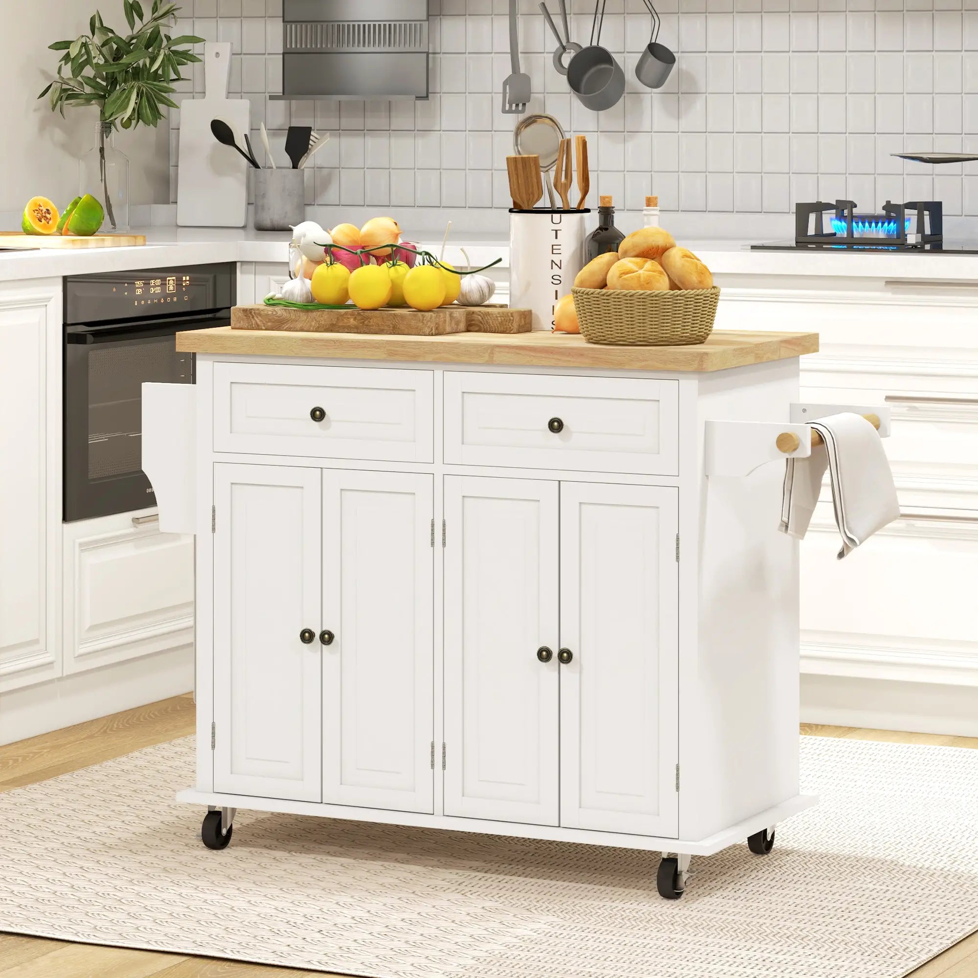 Kitchen Island with Storage, Rolling Cart, Rubber Wood Top, Cream White Kitchen Islands & Kitchen Carts at Gallery Canada