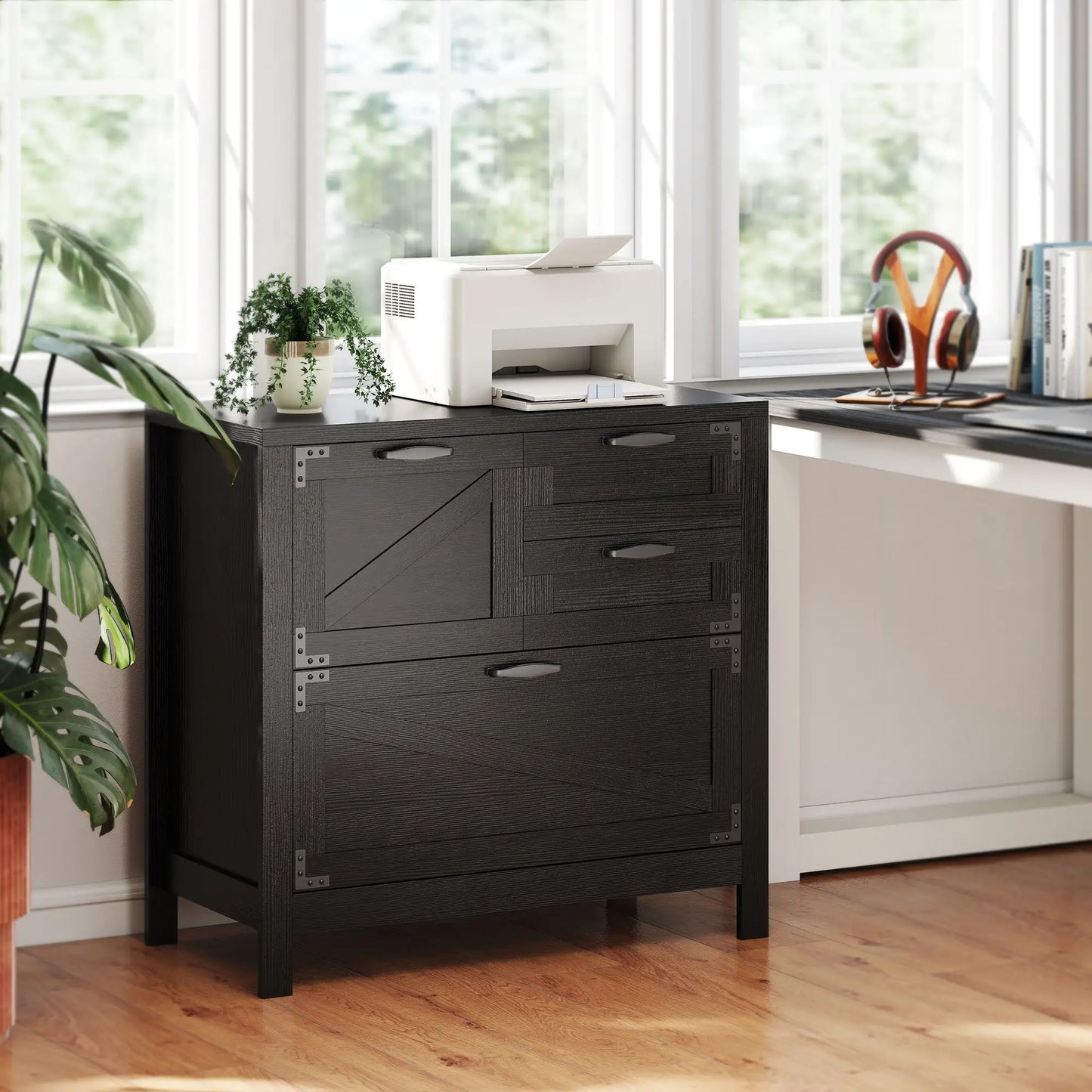 Lateral Filing Cabinet, 4 Drawers, Fits Letter/A4/Legal Files, Black Wood Grain, Black Office Cabinets & Cupboards at Gallery Canada