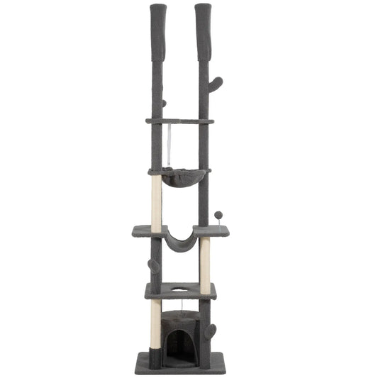 89"-100" Cat Tree Tower for Large Cats, Scratching Posts, Grooming Brush, Grey Floor to Ceiling Cat Trees Grey, Brown at Gallery Canada