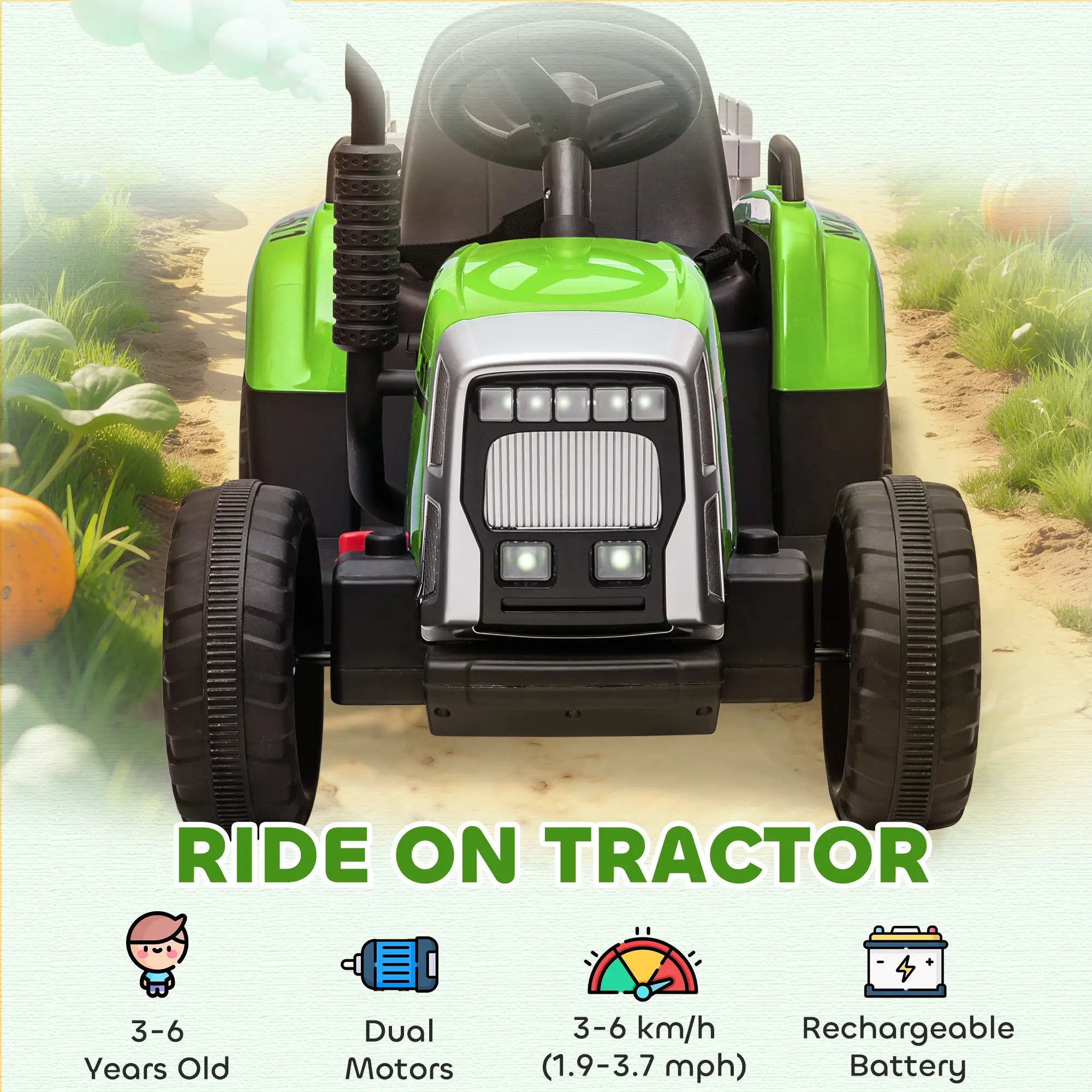 12V Kids Ride on Tractor with Trailer, Remote Control, Music, LED Lights, Green Electric Toy Cars at Gallery Canada