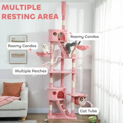 94"-102" Floor To Ceiling Cat Tree, Multi-Level Play House, Pink