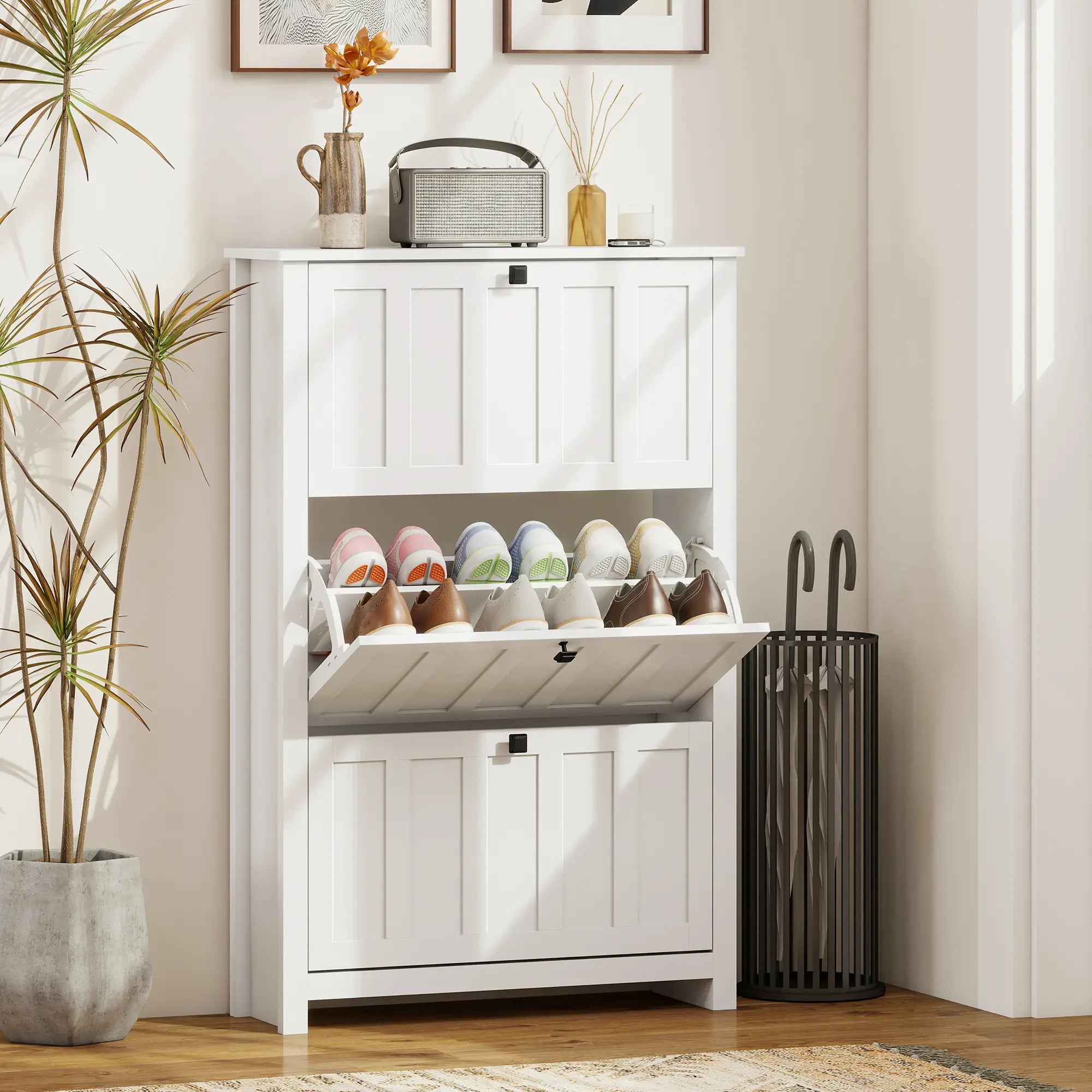 Slim Shoe Cabinet, 3 Flip Drawers, Adjustable Shelves, Holds 18 Pairs, White Shoe Storage Cabinets & Racks at Gallery Canada