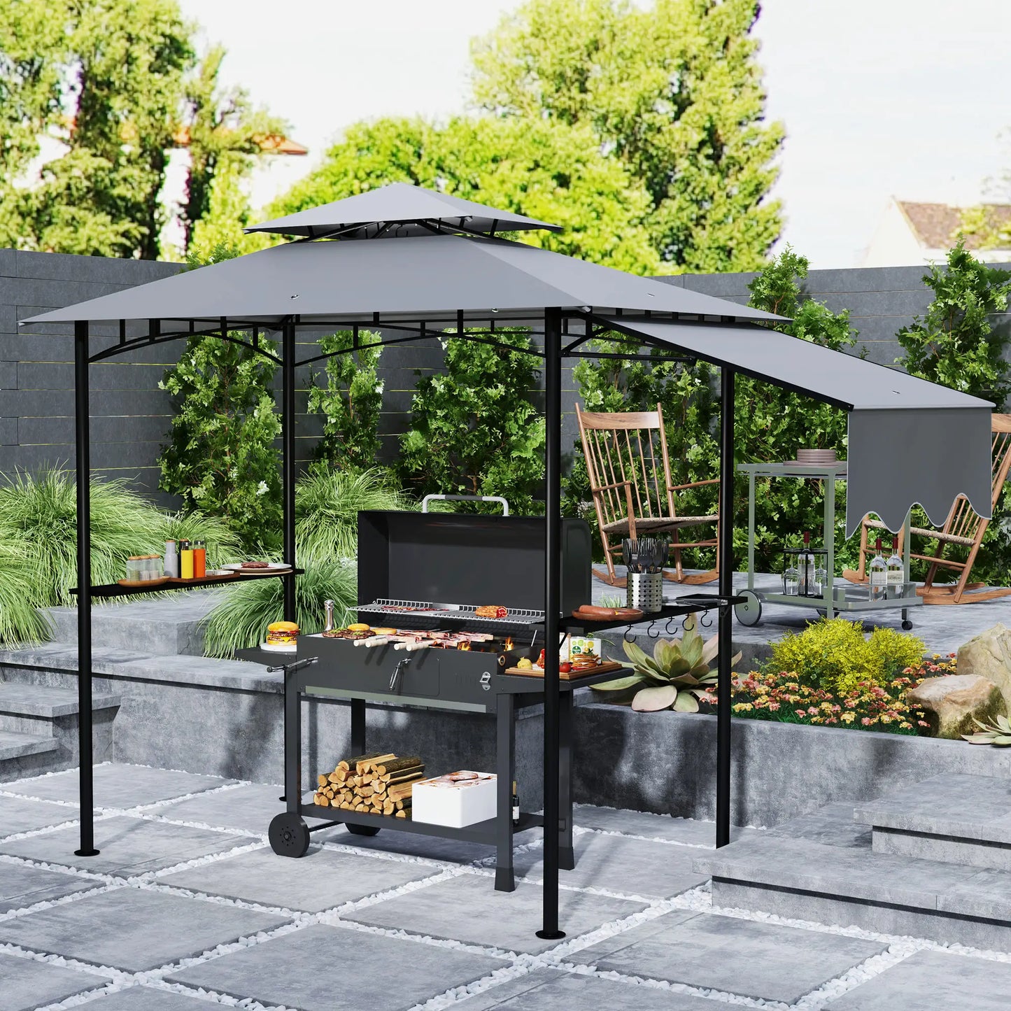 8'x5' Grill Gazebo, Double Tiered Barbecue Shelter, Light Grey BBQ Grill Gazebos at Gallery Canada