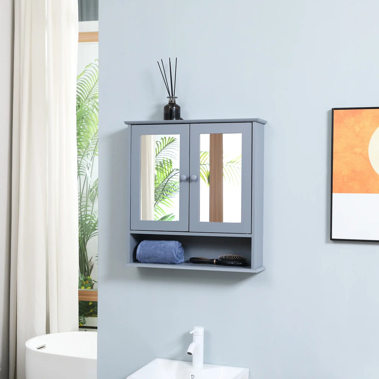 Wall-Mounted Medicine Cabinet, Double Doors, Open Shelf, Adjustable, Grey Mirror Medicine Cabinets at Gallery Canada