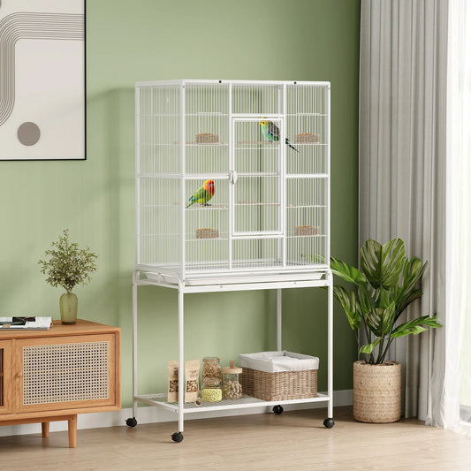 64" Large Rolling Bird Cage With Stand, Shelf, Perch, Food Container, White Bird Cages White at Gallery Canada
