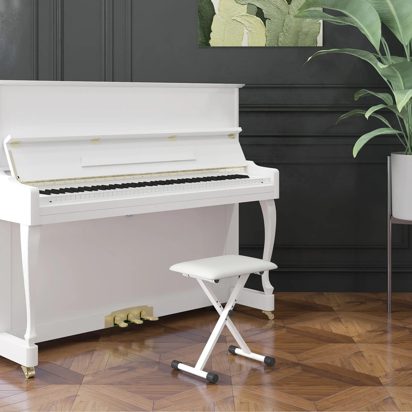 Adjustable Piano Bench, X-Style Folding Piano Stool with Padded Seat, Non-Slip Rubber Feet, Keyboard Chair, White