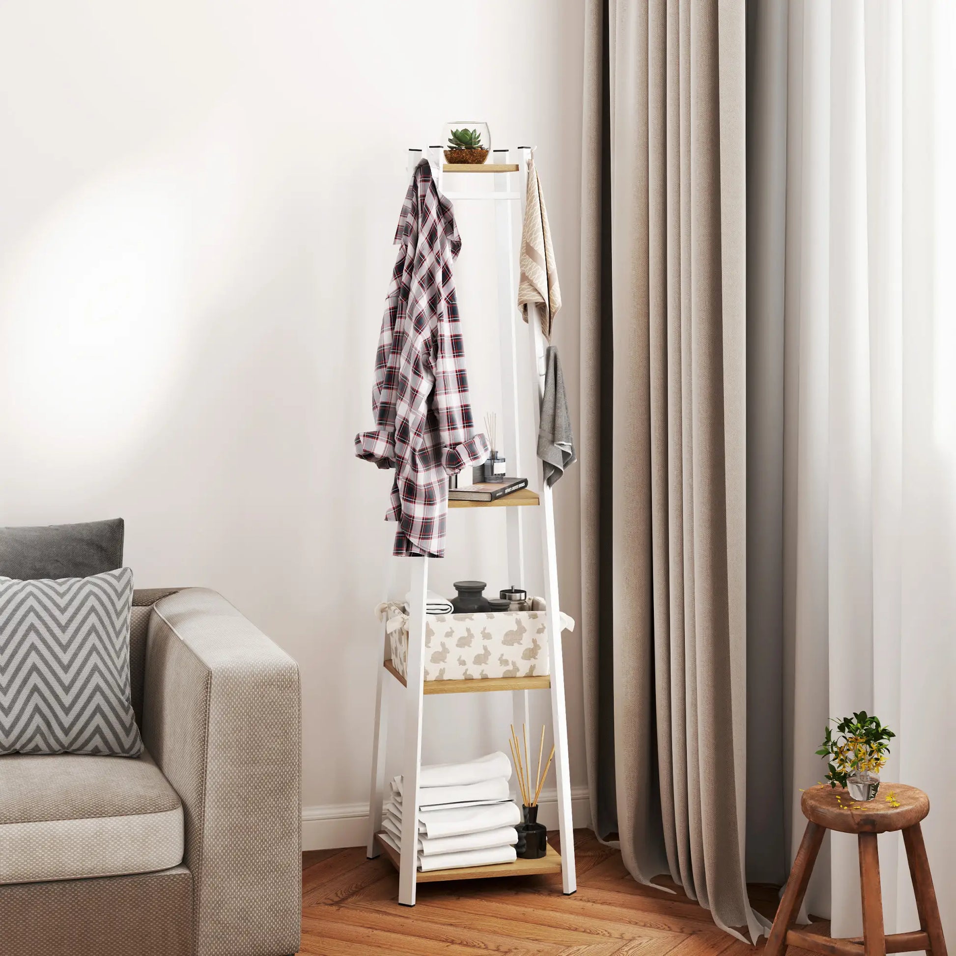 Clothes Rack with Storage, 8 Hooks, 3-Tier Shelf, Oak Clothing Storage at Gallery Canada