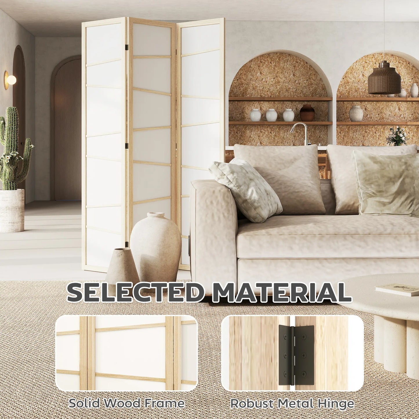66.9" Folding Room Divider, 3 Panel Wood Frame Partition, Natural Wood Room Dividers at Gallery Canada