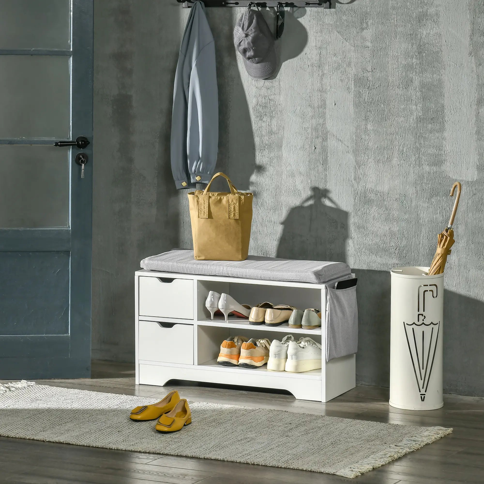 Upholstered Shoe Storage Bench With Seat, Drawer, Open Shelves, White Shoe Storage Cabinets & Racks at Gallery Canada