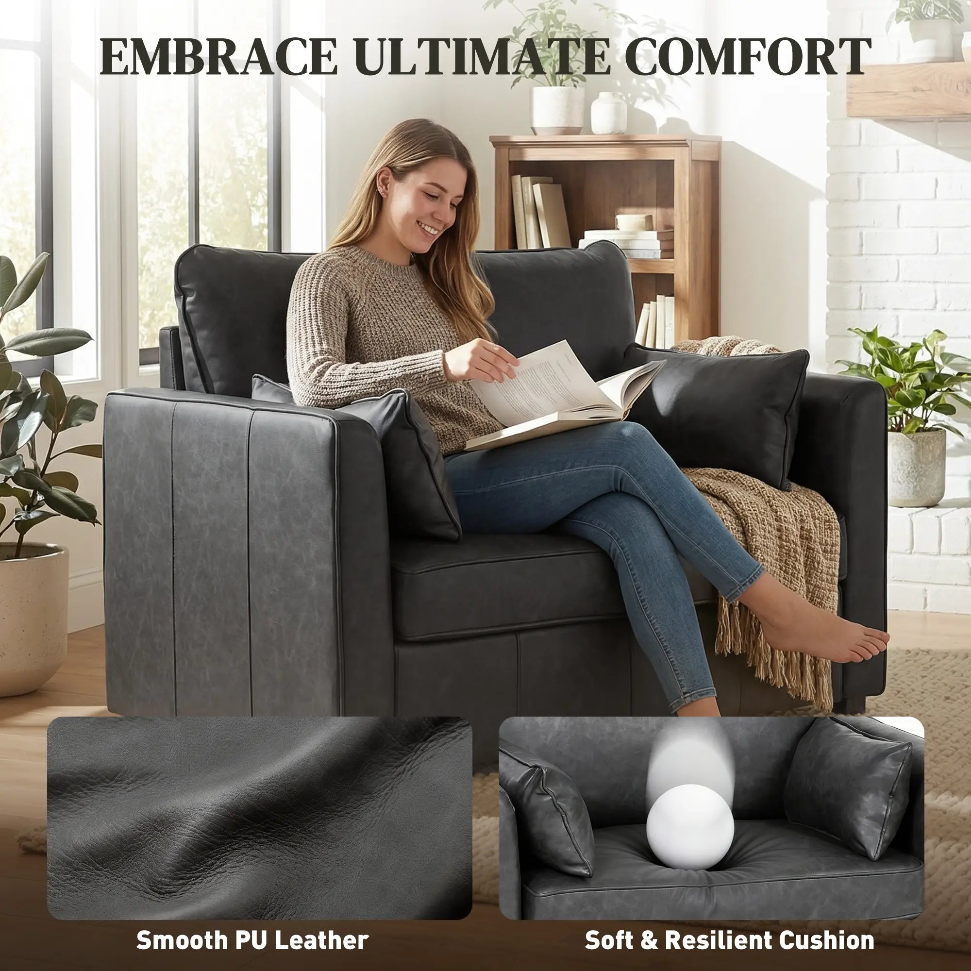 PU Leather Armchair, Wide Seat, Spring Cushion, Rubberwood Legs, Black Single Sofas at Gallery Canada