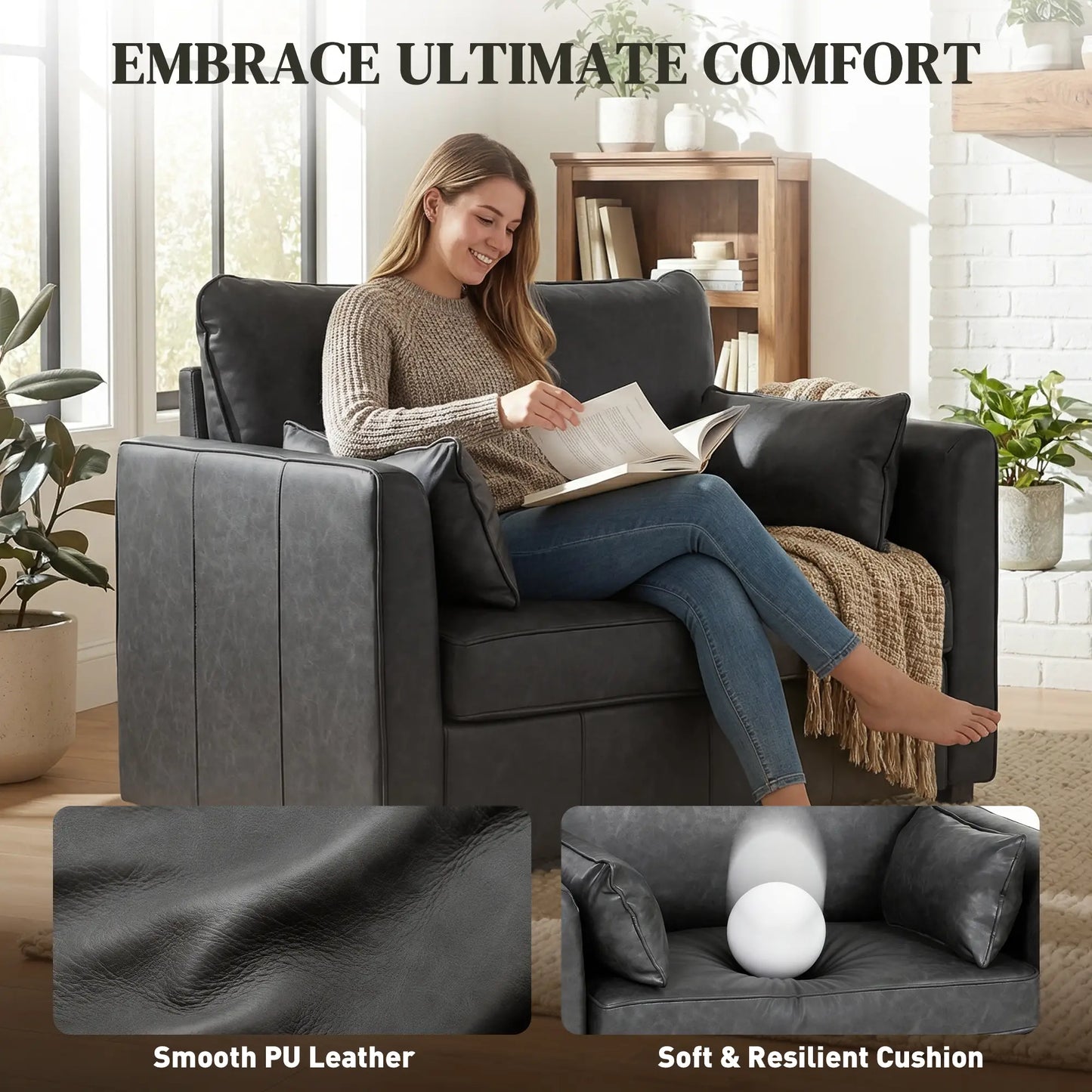 PU Leather Armchair, Wide Seat, Spring Cushion, Rubberwood Legs, Black Single Sofas at Gallery Canada