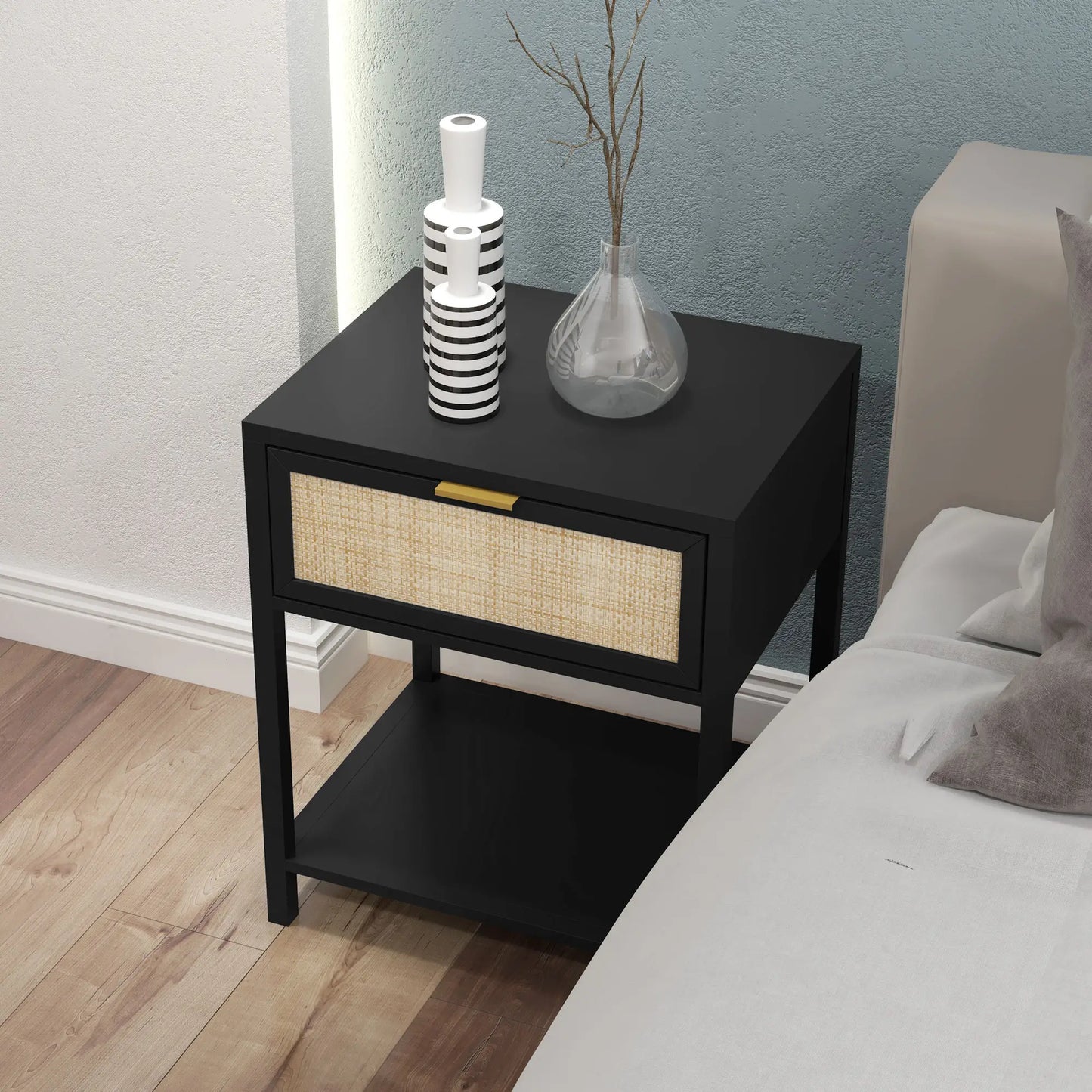 Boho Nightstand, Rattan Drawer, Open Shelf, Bedside Table, Black Bedside Tables at Gallery Canada