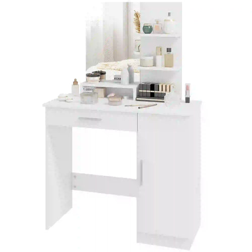 Vanity Desk With Mirror, Drawer, Shelves, Cabinet, Adjustable Shelves