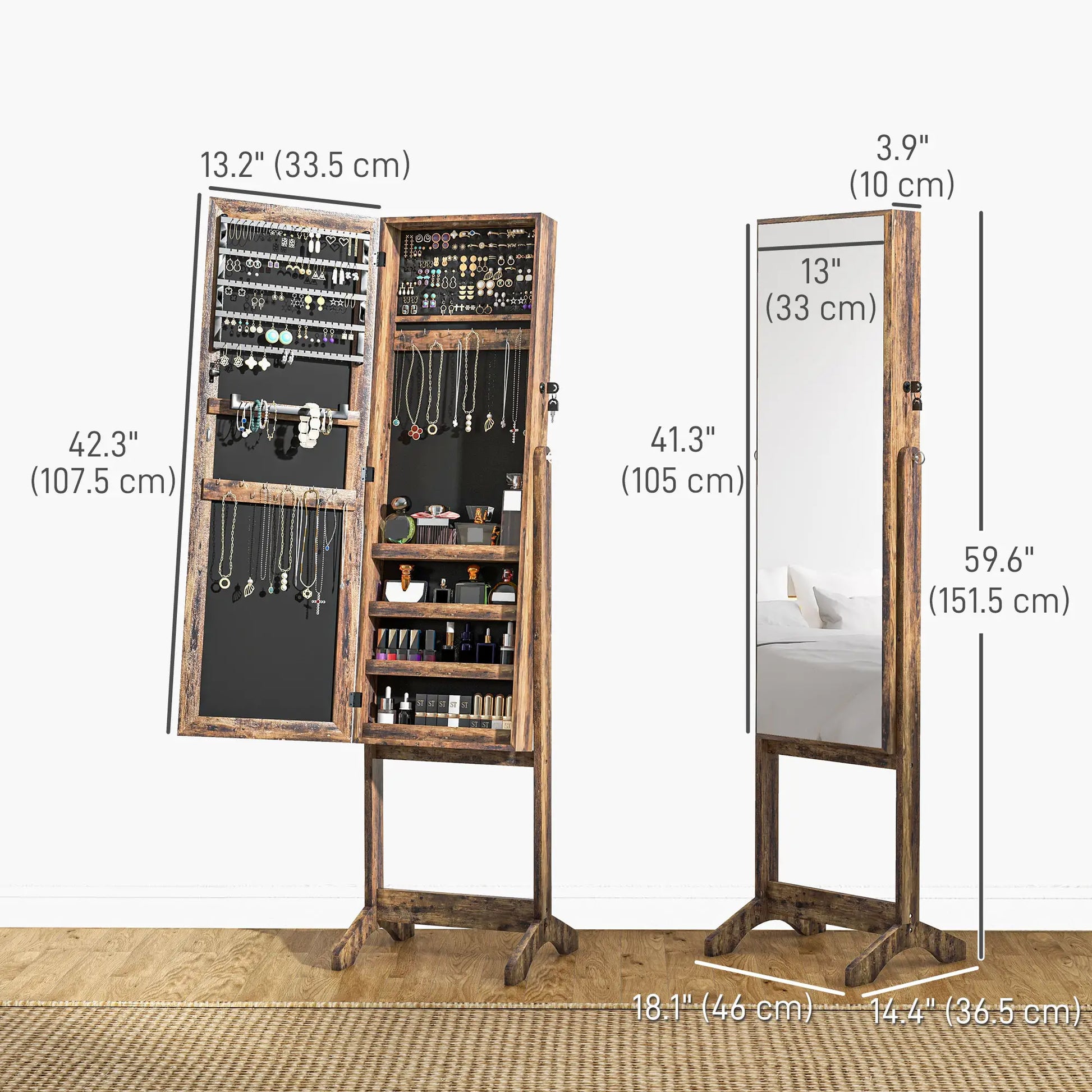 Lockable Mirror Jewelry Cabinet, Full-Length, 3 Adjustable Angles, Rustic Brown Jewelry Armoire & Jewellery Mirror Cabinets at Gallery Canada