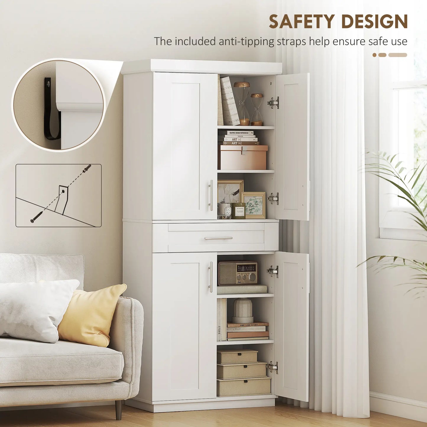 72" Storage Cabinet, Freestanding Kitchen Pantry Cabinet with 4 Doors, Drawer and 3 Adjustable Shelves, White Kitchen Pantry Cabinets at Gallery Canada