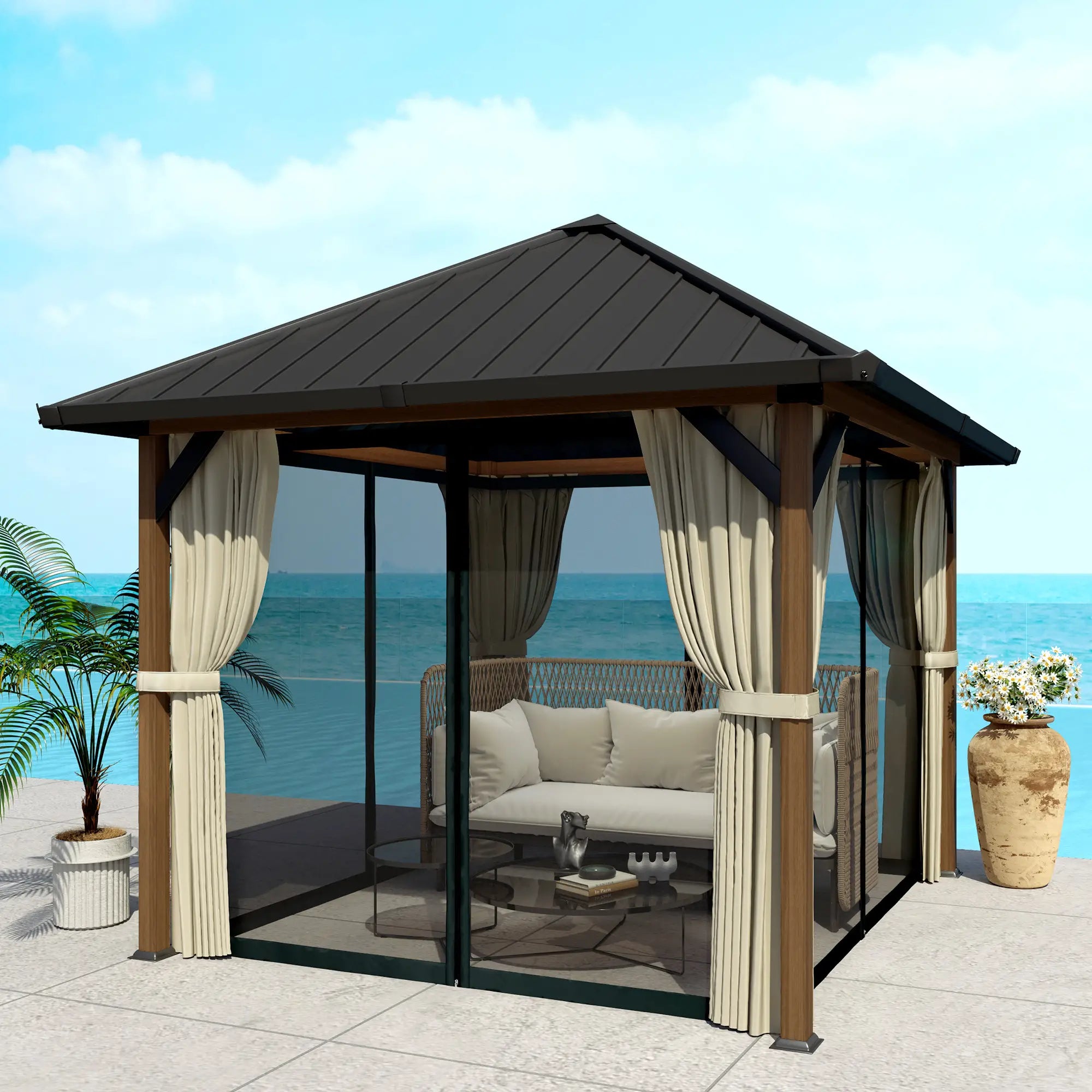 10' x 10' Hardtop Gazebo, Galvanized Steel Roof, Netting, Curtains Gazebos at Gallery Canada