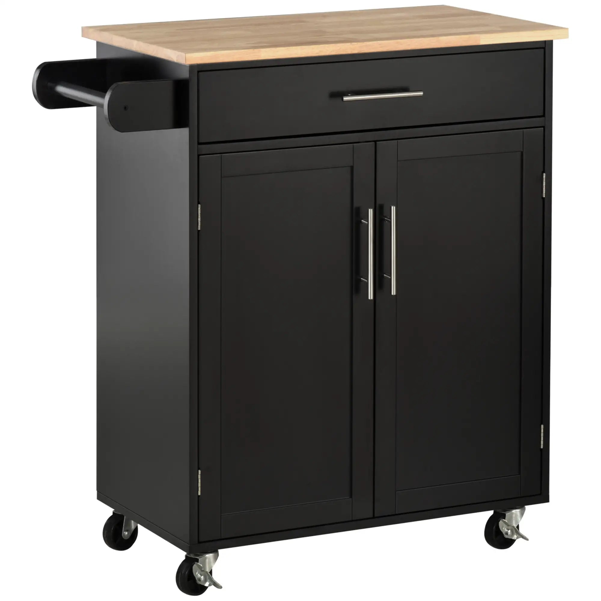 Rolling Kitchen Island Cart, Wood Top, Storage Drawer, Towel Bar, Shelves, Black Kitchen Islands & Kitchen Carts Black, Wood Grain Top at Gallery Canada