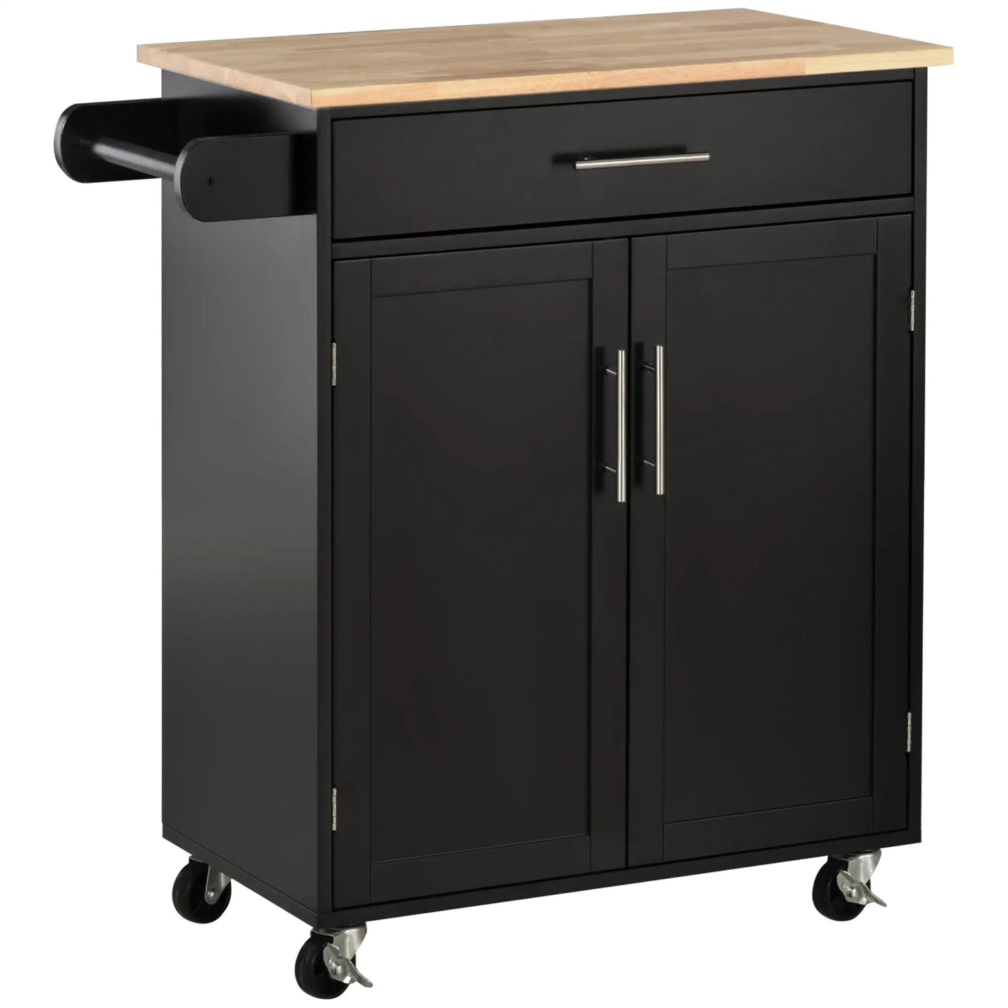 Rolling Kitchen Island Cart, Wood Top, Storage Drawer, Towel Bar, Shelves, Black Kitchen Islands & Kitchen Carts Black, Wood Grain Top at Gallery Canada